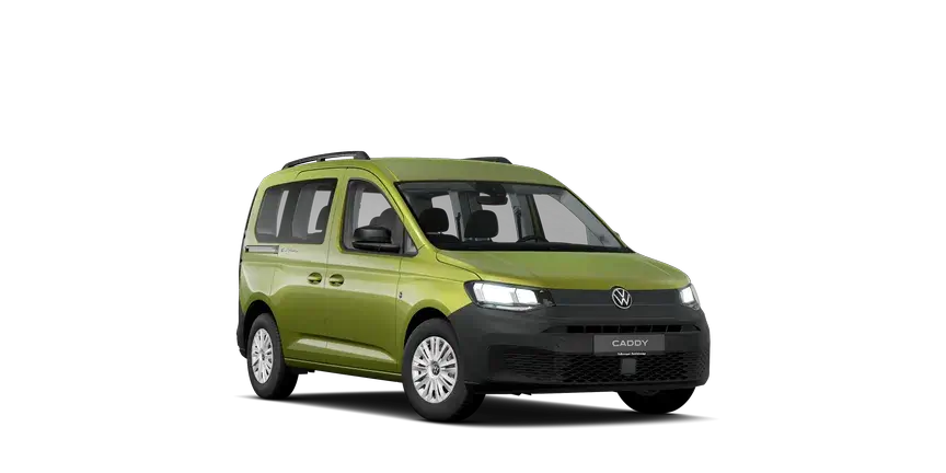 Frontansicht eines limettengrünen Volkswagen Caddy, ideal für den Alltagseinsatz.