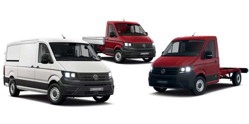 crafter-ico Darstellung mehrerer Versionen des Volkswagen Crafter in der Frontansicht, einschließlich eines weißen Kastenwagens, eines roten Fahrgestells und eines roten Pritschenwagens. Ideal für verschiedene gewerbliche Anforderungen.