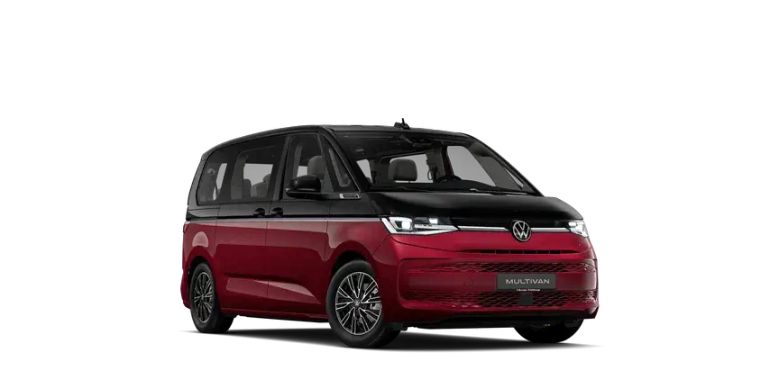 Frontansicht eines zweifarbig schwarz-roten Volkswagen Multivan T7, vielseitig und komfortabel für Familien.