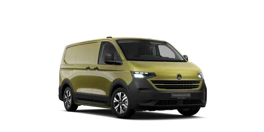 Olivgrüner Volkswagen Transporter Kastenwagen, aerodynamische Frontgestaltung, entwickelt für effiziente Ladungstransporte.