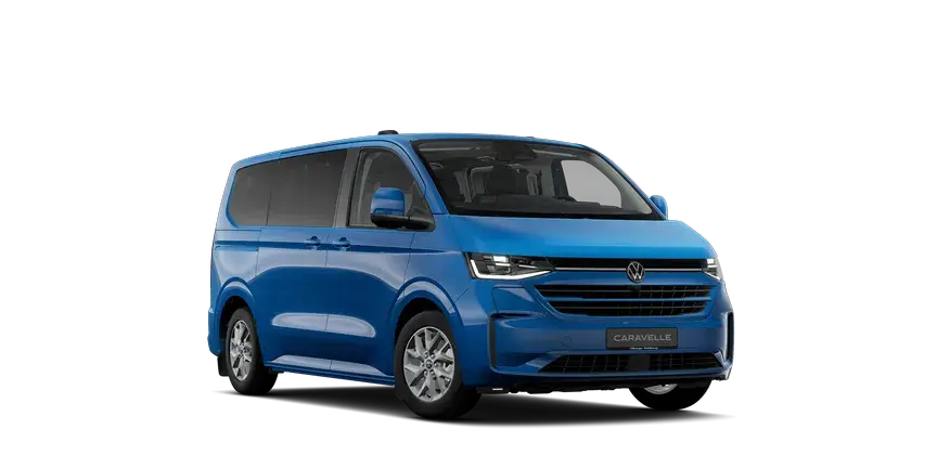 Volkswagen Caravelle in Blau, Vorderansicht, modernes Design mit großzügigem Innenraum für den Personentransport.